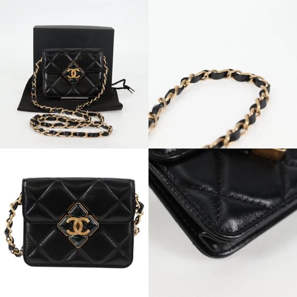 CHANEL Matelasse Chain Pouch Shoulder Bag Lamb Skin Black Gold CC Auth 127795M - Picture 14 of 14